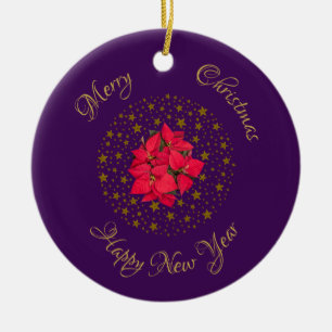 Red Poinsettia Plant on glitter starry purple sky Ceramic Ornament