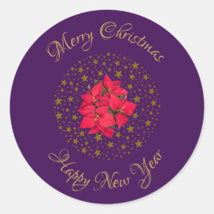 Red Poinsettia Plant on glitter starry purple sky Classic Round Sticker