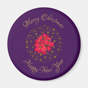 Red Poinsettia Plant on glitter starry purple sky Magnet