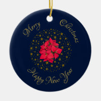 Red Poinsettia Plant on glittering starry blue sky