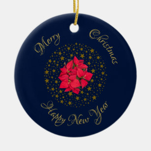Red Poinsettia Plant on glittering starry blue sky Ceramic Ornament