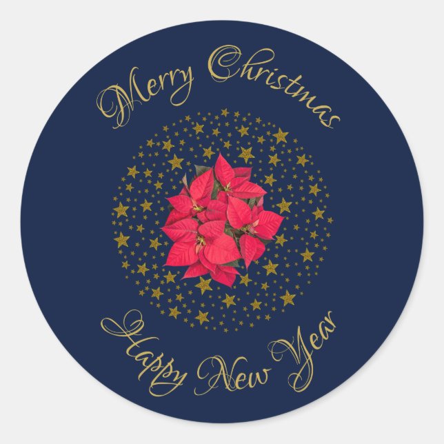 Red Poinsettia Plant on glittering starry blue sky Classic Round Sticker (Front)