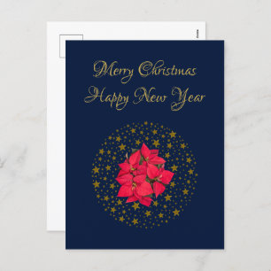 Red Poinsettia Plant on glittering starry blue sky Holiday Postcard