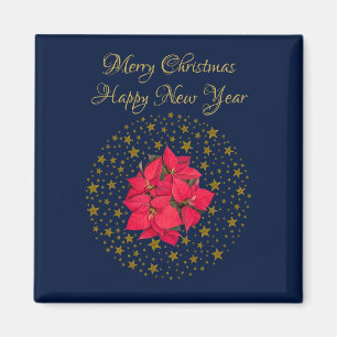 Red Poinsettia Plant on glittering starry blue sky Magnet