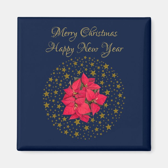 Red Poinsettia Plant on glittering starry blue sky Magnet (Front)