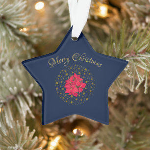 Red Poinsettia Plant on glittering starry blue sky Ornament