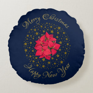 Red Poinsettia Plant on glittering starry blue sky Round Cushion
