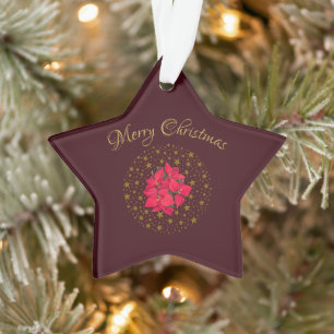 Red Poinsettia Plant on glittering starry red sky Ornament