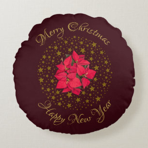 Red Poinsettia Plant on glittering starry red sky Round Cushion