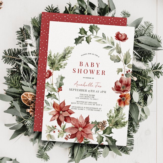 Red Poinsettia Poppy Holiday Floral Baby Shower Invitation (Creator Uploaded)