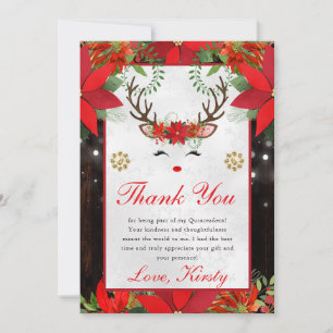Red Poinsettia Reindeer Winter Quinceanera Thank You Card