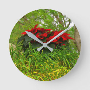 Red Poinsettia Round Clock