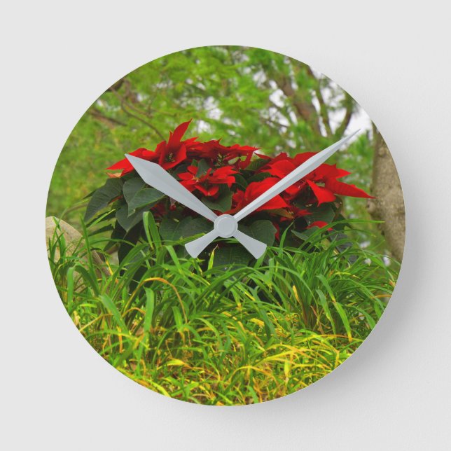 Red Poinsettia Round Clock (Front)