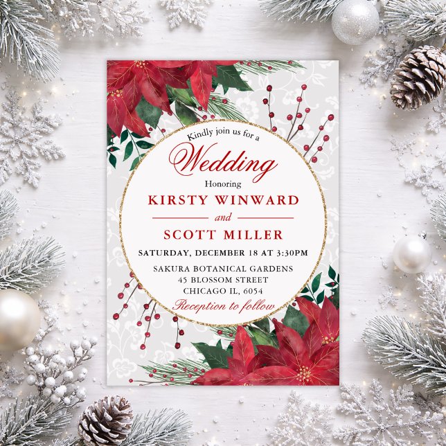 Red Poinsettia Round Frame Wedding Invitation (Creator Uploaded)