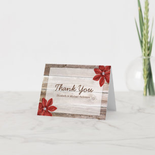 Red Poinsettia Rustic Barn Wood Thank You Card