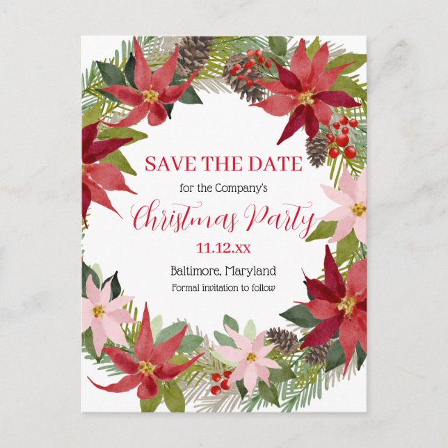 Red Poinsettia | Save The Date Christmas Party Announcement Postcard (Front)