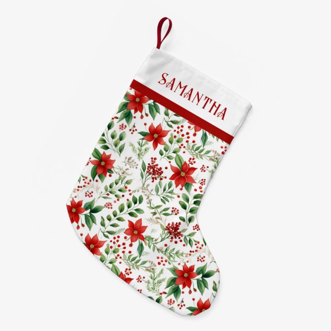 Red Poinsettia Tropical Christmas Pattern Small Christmas Stocking (Front (Hanging))