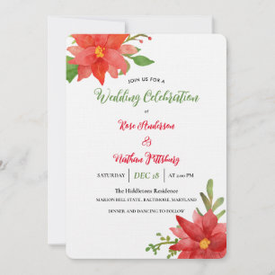 Red Poinsettia Watercolor Floral Christmas Wedding Invitation
