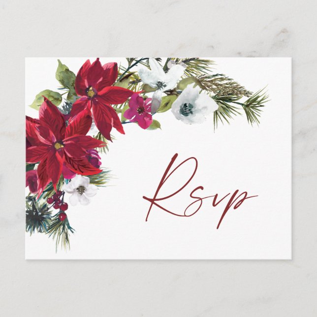 Red Poinsettia  Wedding RSVP with Meal Choice Postcard (Front)