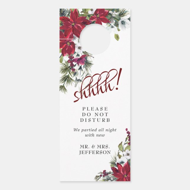Red Poinsettia Wedding Welcome Do Not Disturb Door Hanger (Front)