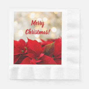 Red Poinsettia White Gold Bokeh Christmas Party Napkin