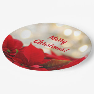 Red Poinsettia White Gold Bokeh Merry Christmas Paper Plate