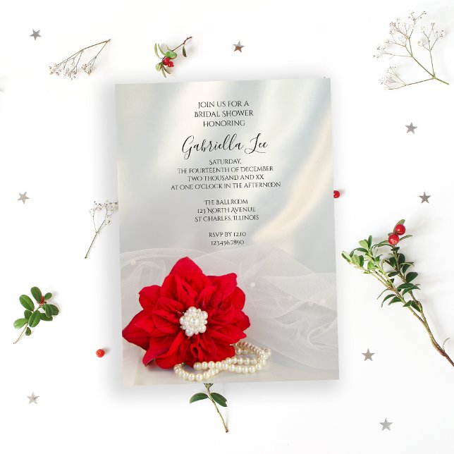 Red Poinsettia White Pearls Winter Bridal Shower Invitation (Set a festive tone for your December event with the Poinsettia and Pearls Bridal Shower Invitation.)