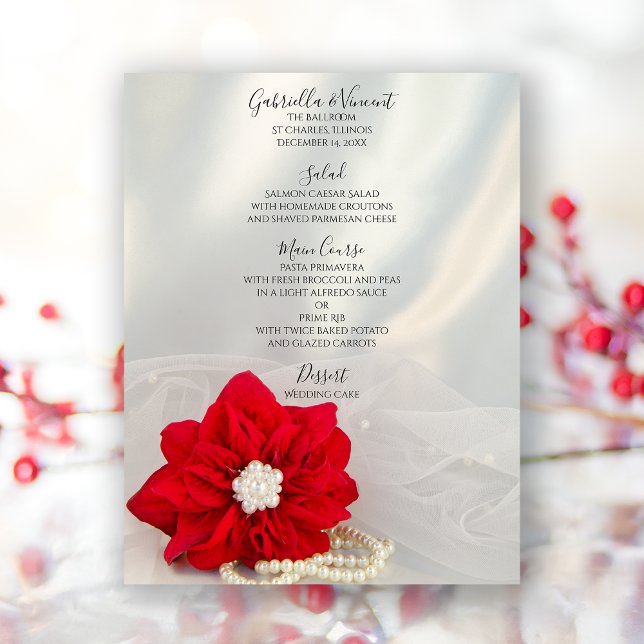 Red Poinsettia White Pearls Winter Wedding Menu (Creator Uploaded)
