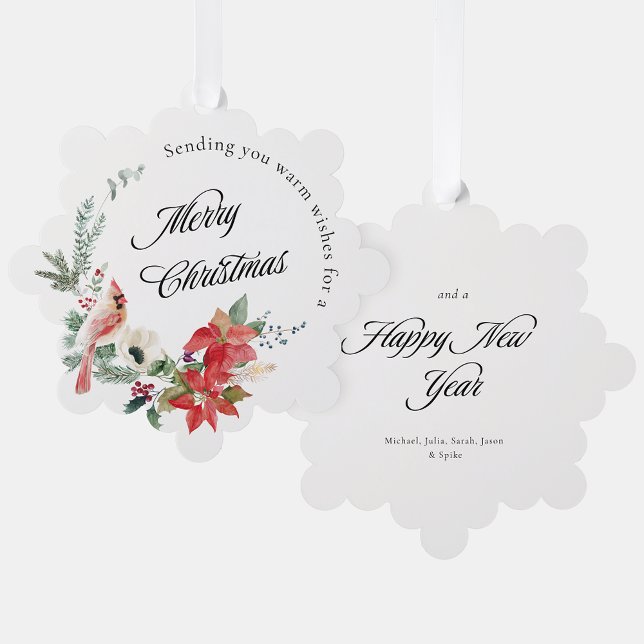 Red Poinsettia Winter Botanicals Merry Christmas Tree Decoration Card (Creator Uploaded)