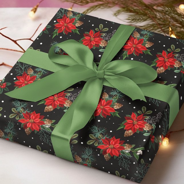 Red Poinsettia Winter Floral Christmas Pattern Wrapping Paper (Creator Uploaded)