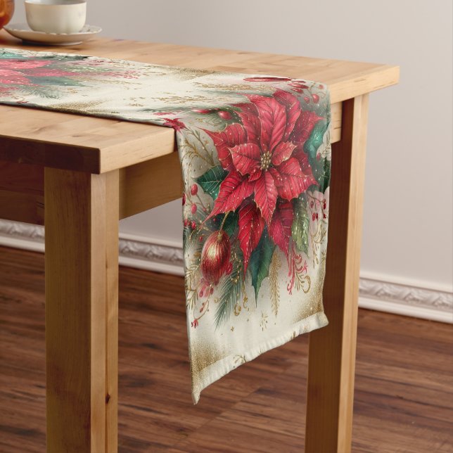 Red Poinsettia with Gold Glitter Christmas  Short Table Runner (In Situ)