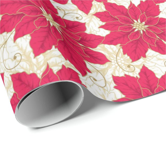 Red Poinsettia with gold swirls Season's Greetings Wrapping Paper (Roll Corner)