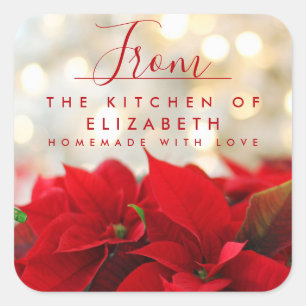 Red Poinsettia with Golden Bokeh Christmas Kitchen Square Sticker