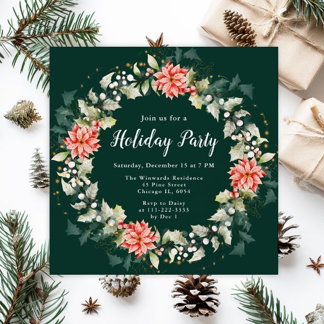 Red Poinsettia Wreath Holiday Party Invitation (Creator Uploaded)