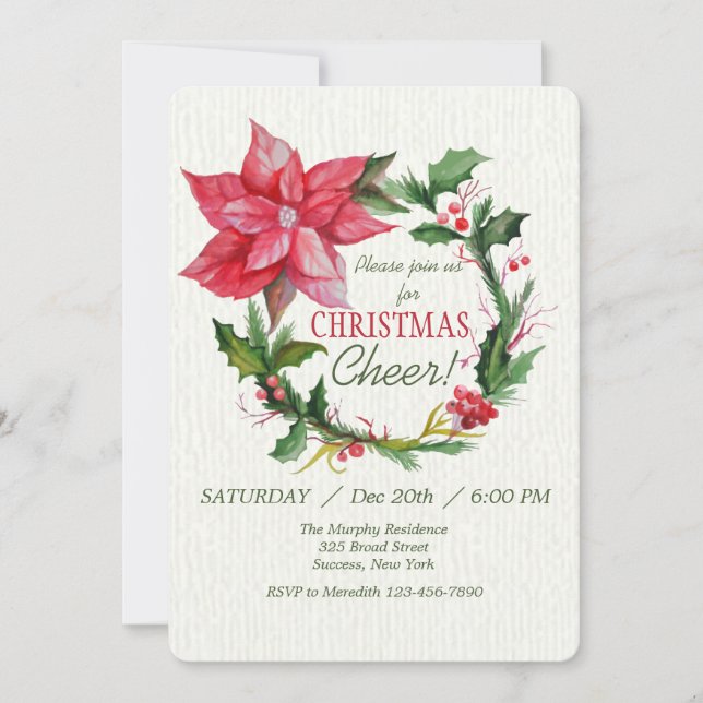 Red Poinsettia Wreath Invitation (Front)