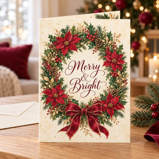 Red Poinsettia Wreath Merry & Bright Card