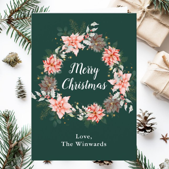 Red Poinsettia Wreath Merry Christmas Holiday Card (Creator Uploaded)