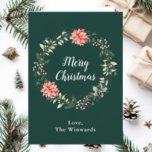 Red Poinsettia Wreath Merry Christmas Holiday Card