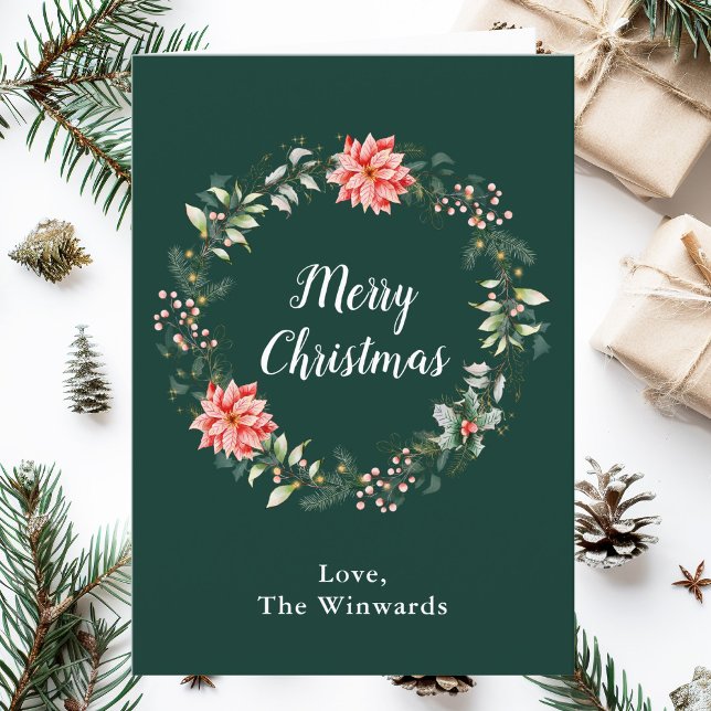 Red Poinsettia Wreath Merry Christmas Holiday Card (Creator Uploaded)