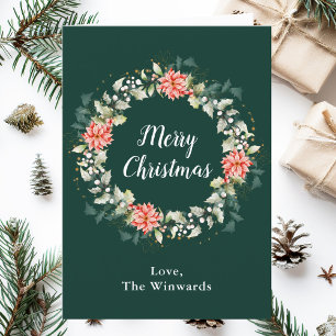 Red Poinsettia Wreath Merry Christmas Holiday Card