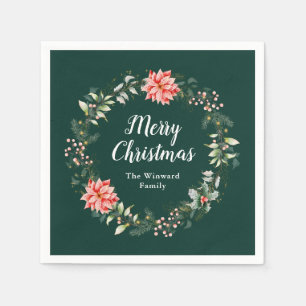 Red Poinsettia Wreath Merry Christmas Napkin