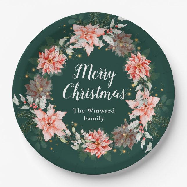 Red Poinsettia Wreath Merry Christmas Paper Plate (Front)