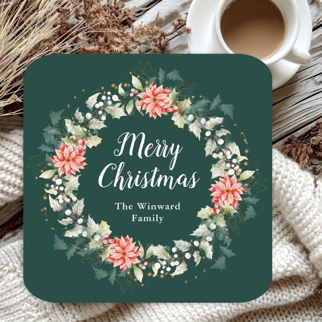 Red Poinsettia Wreath Merry Christmas Square Paper Coaster (Creator Uploaded)