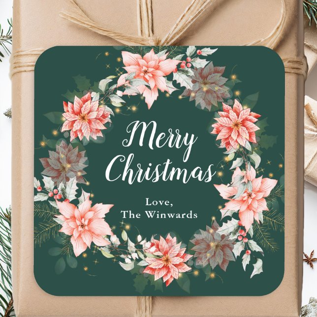 Red Poinsettia Wreath Merry Christmas Square Sticker (Creator Uploaded)
