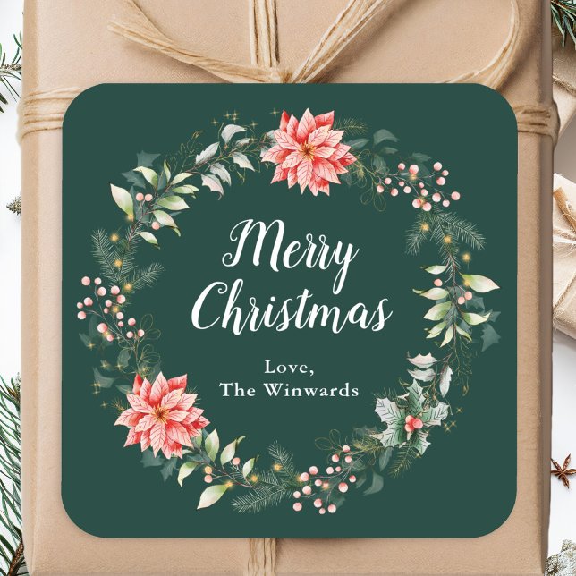 Red Poinsettia Wreath Merry Christmas Square Sticker (Creator Uploaded)