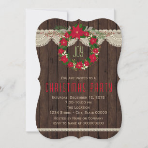 Red Poinsettia Wreath Rustic Christmas Party Invitation