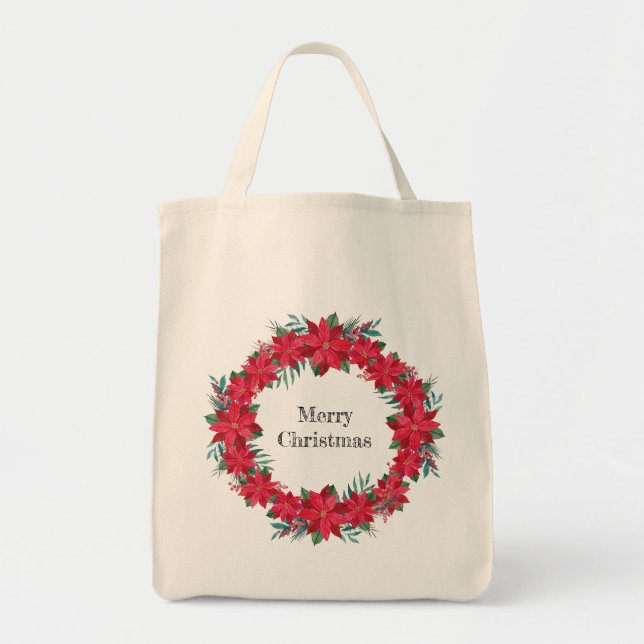 Red Poinsettia Wreath Tote Bag (Front)