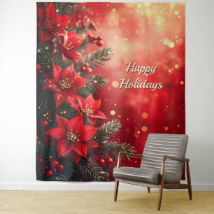 Red Poinsettias and Berries Holiday Backdrop Tapestry