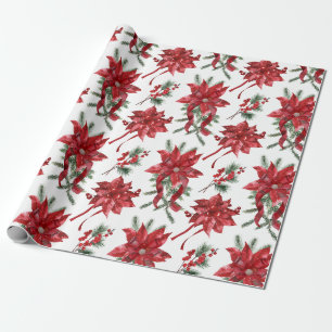 Red Poinsettias And Bows Wrapping Paper