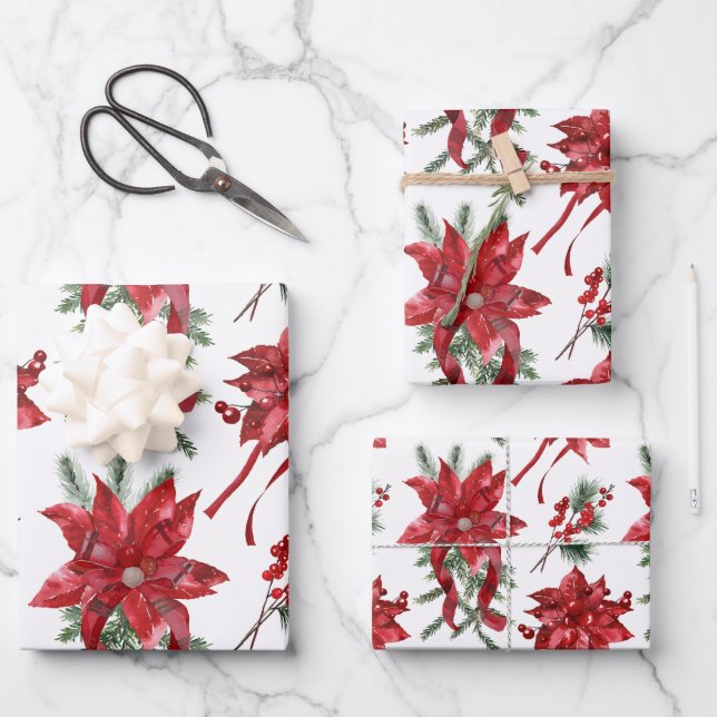 Red Poinsettias And Bows Wrapping Paper Sheet (Front)